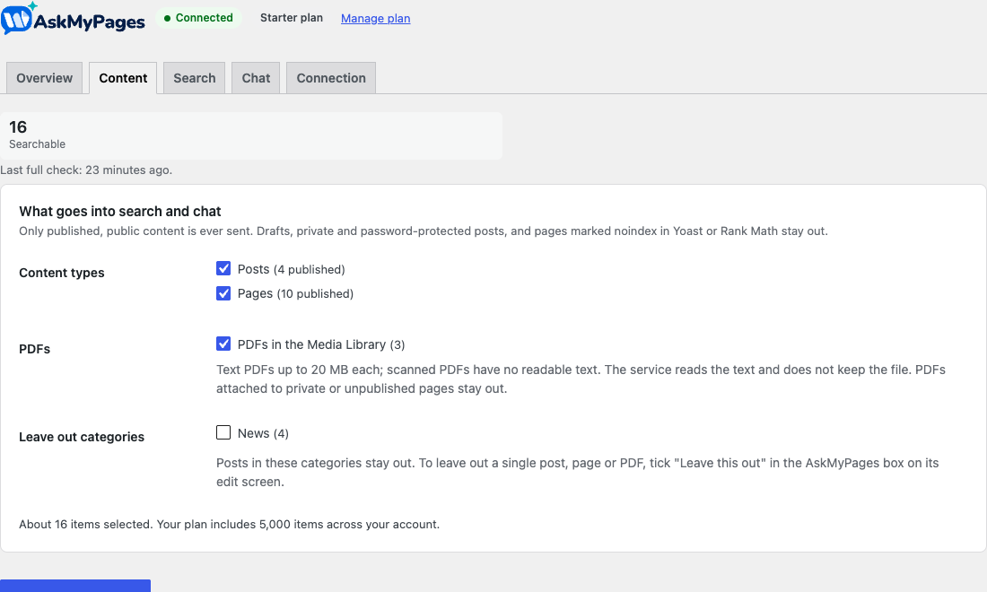 The AskMyPages content settings: posts, pages and PDFs ticked, categories to leave out